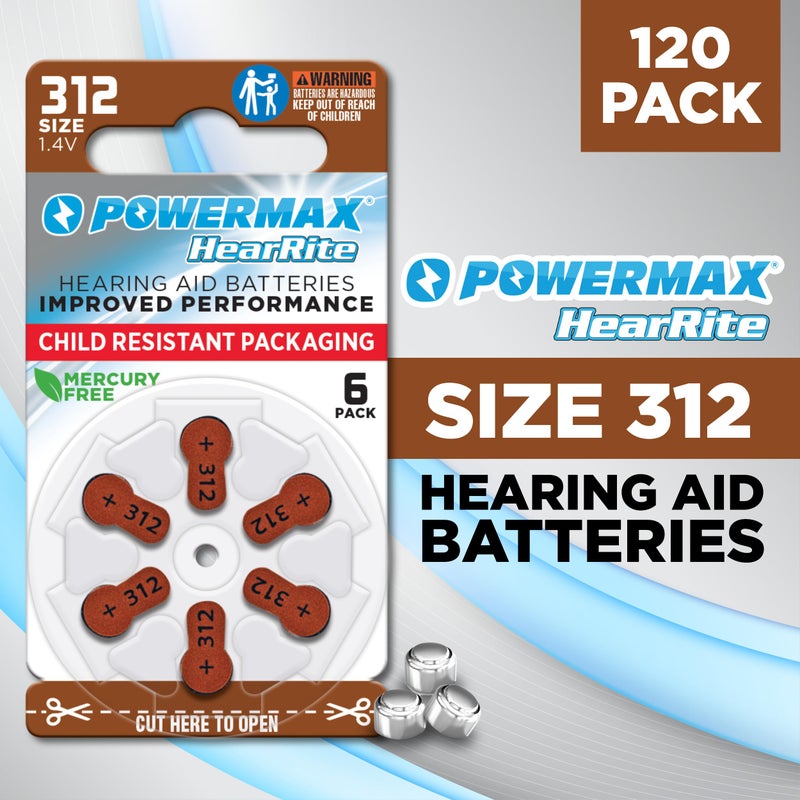 Powermax Size 312 Hearing Aid Batteries, 120 Count Long-Lasting Battery Pack, Brown Long Tab for Easy Change - Image 2
